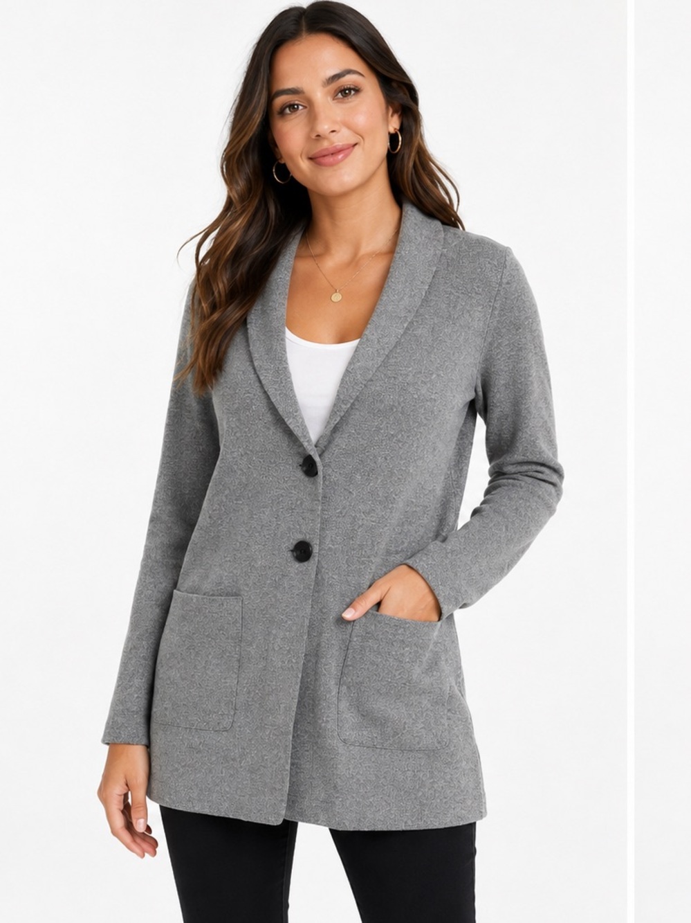 Charter Club Gray Knit Longline Blazer Cardigan Jacket Size Small preppy grandma